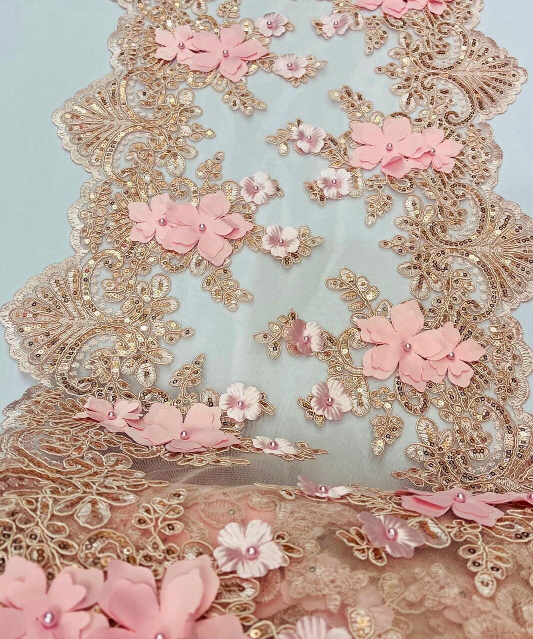 Blush Pink 3D Wide Floral Sequin & Mesh Lace Trim for Table Runner 13"